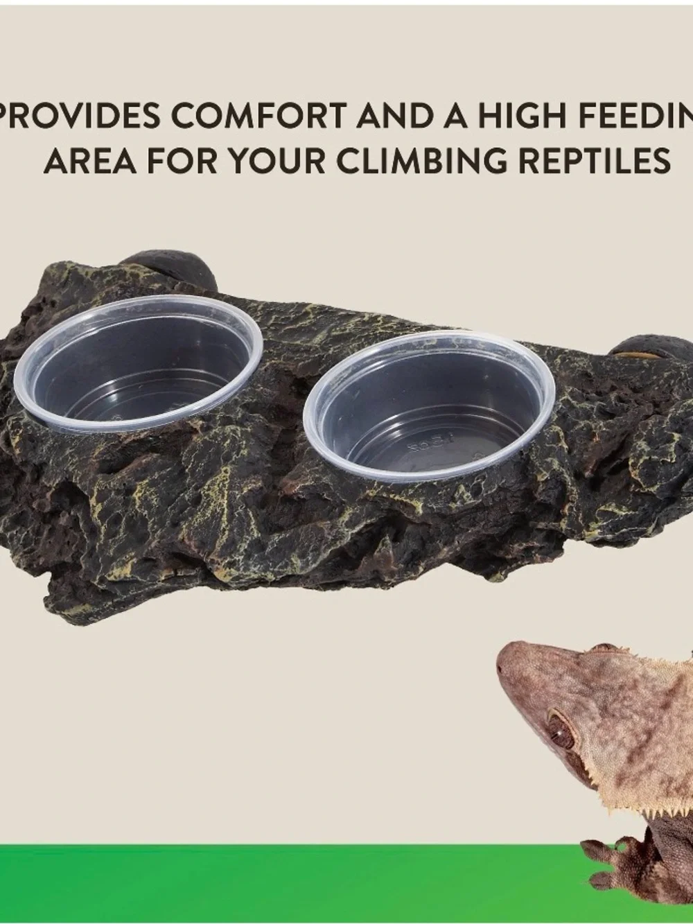 Magnetic Reptile Rock Feeding Ledge Double Cup - Brown/Black